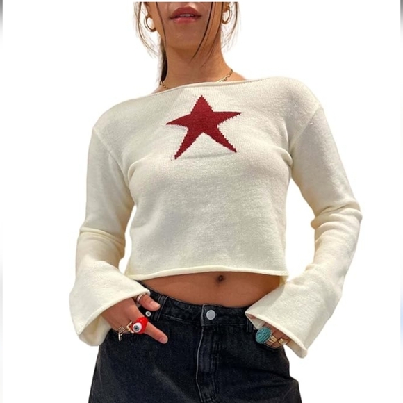 Pretty Garbage Off Shoulder Cut White Sweater with Red Star S - Picture 1 of 10